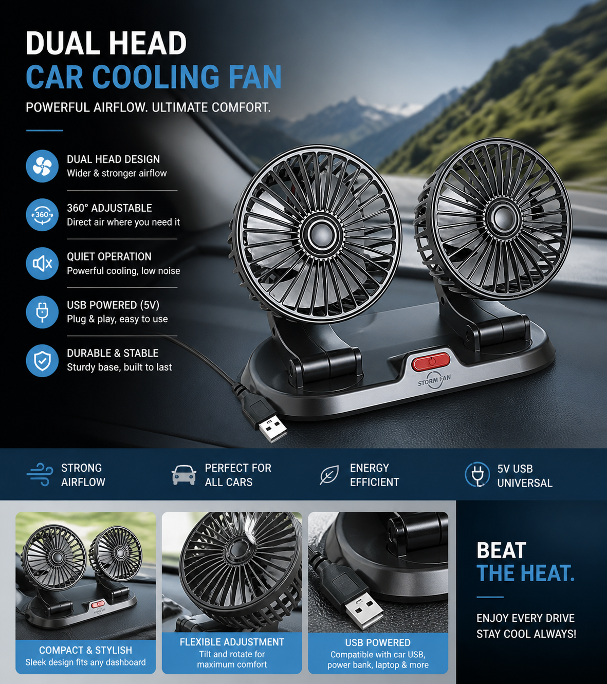 5V Car Fan Cooling Car Fan Dual Head Usb Car Fan 2 Speeds Adjustable for Auto Cooler Air Fan Car Accessories Fan