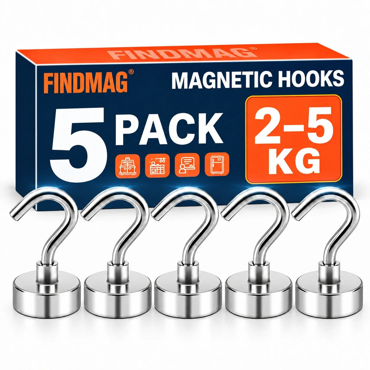 FINDMAG Magnetic Hooks – Heavy-Duty 3 to 5 kg+ Magnetic Hooks | 5 Pack & 10 Pack
