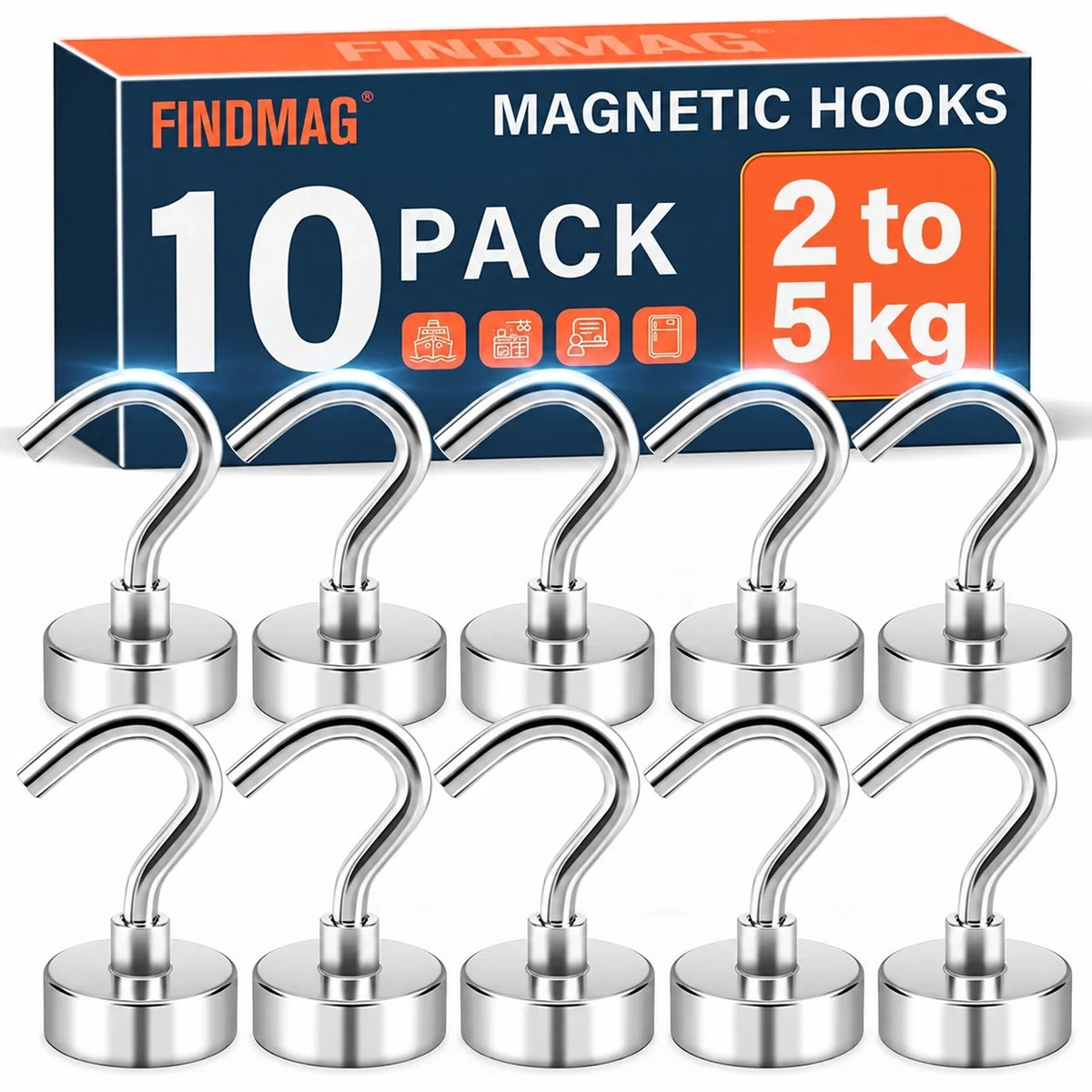 FINDMAG Magnetic Hooks – Heavy-Duty  3 to 5 kg+ Magnetic Hooks | 5 Pack & 10 Pack