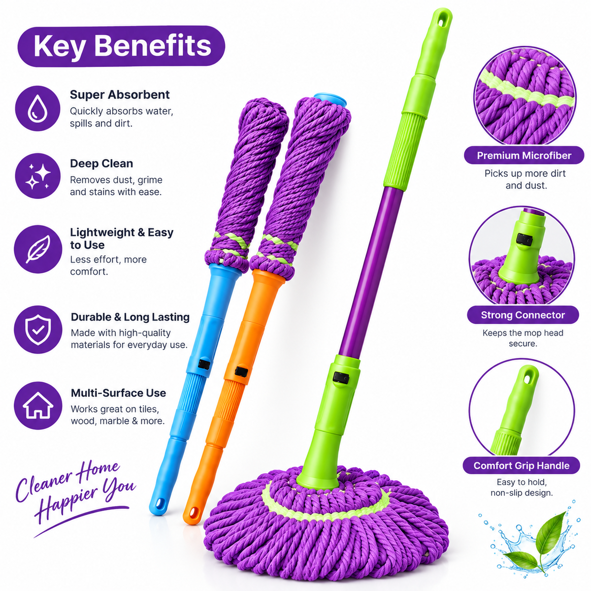 360° Rotating Spin Mop with Microfiber Head & Adjustable Handle